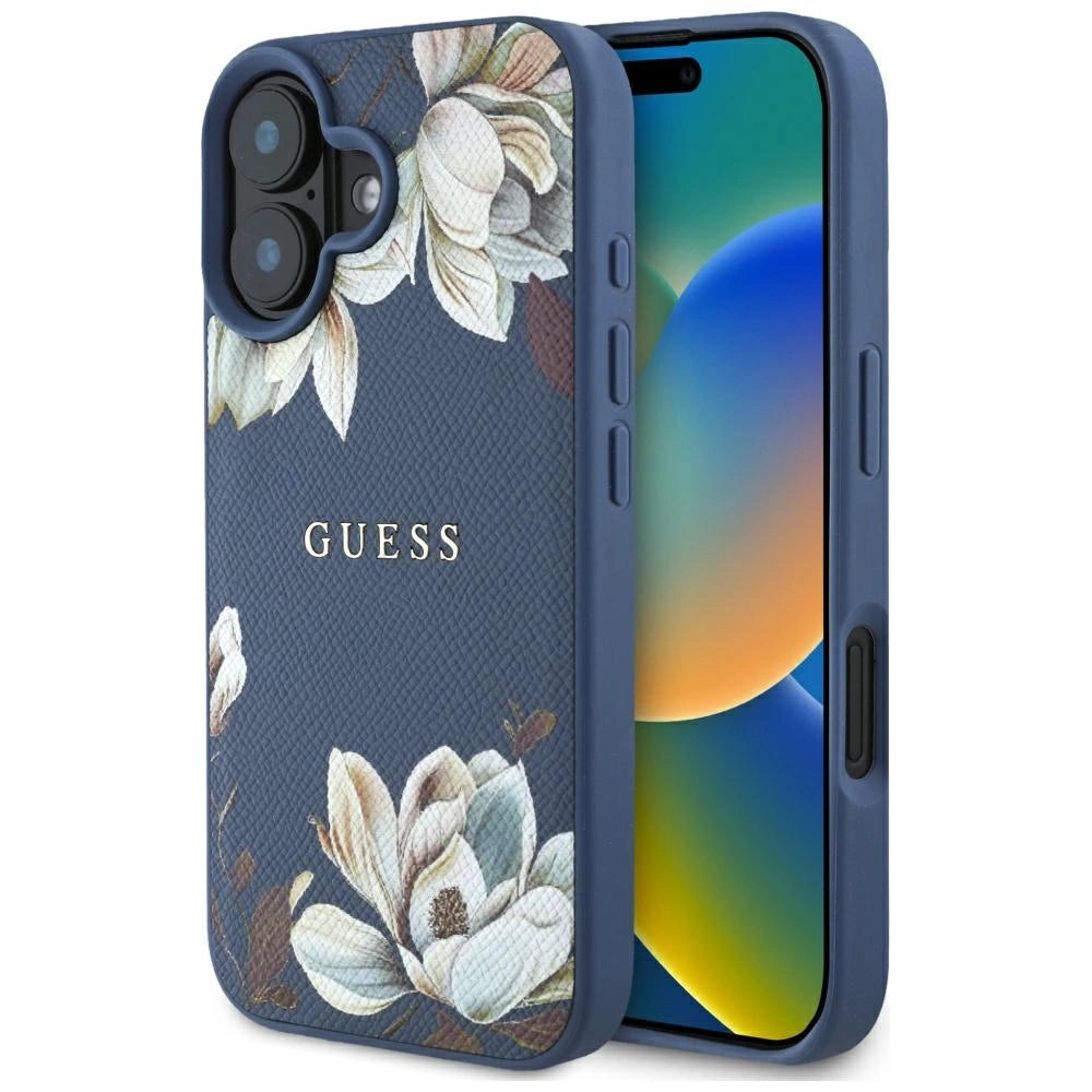 Guess Grained Printed Flower Pattern MagSafe-foder for iPhone 16 blå