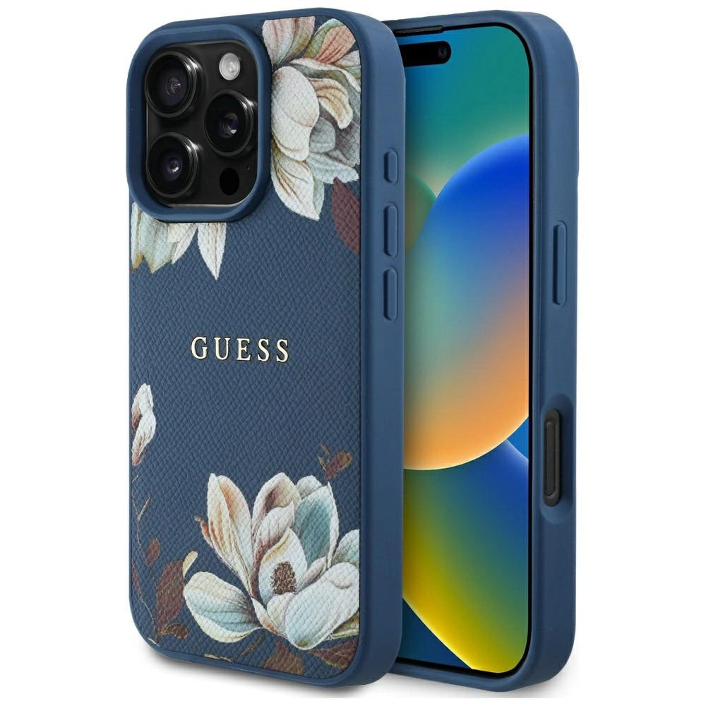 Guess Grained Printed Flower Pattern MagSafe case til iPhone 16 Pro Max blå