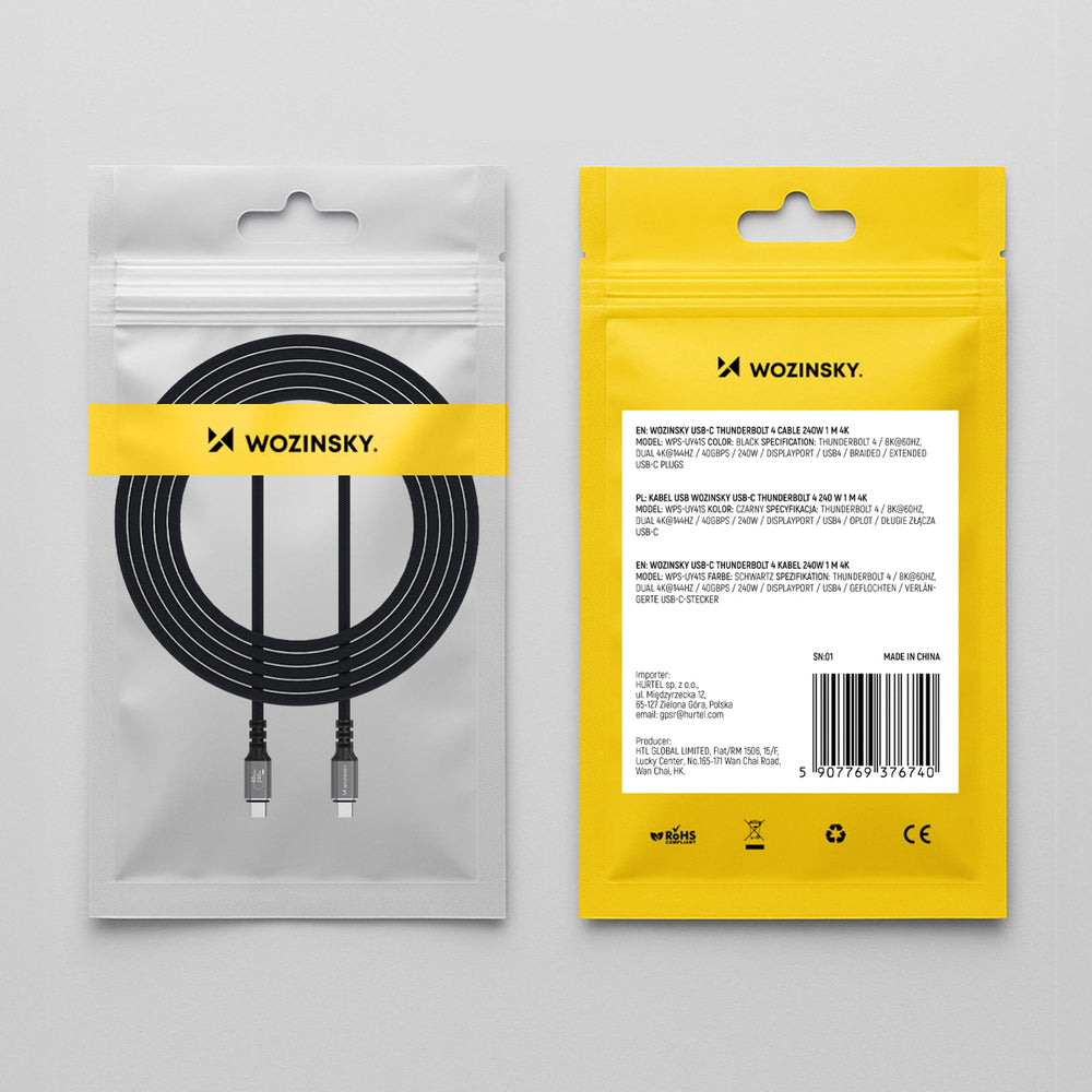 Wozinsky WPS-UY42S USB-C Thunderbolt 4 Kabel 240W 2m 4K - sort