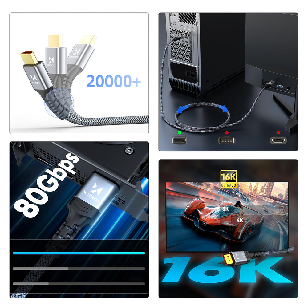 Wozinsky WPS-16AYL2S DisplayPort 2.1 Kabel VESA Certificeret 80 Gb/s 16K@60Hz 8K@120Hz 4K@240Hz HDR HDCP DSC 2m - Sort