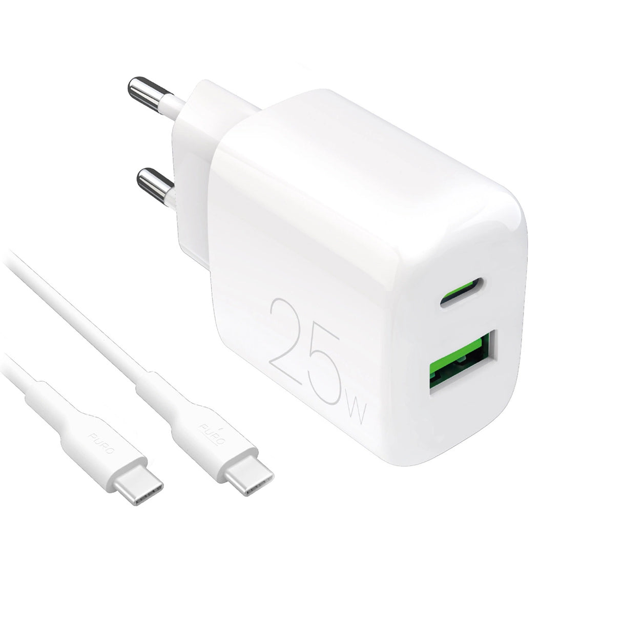 Puro PROLITE 25W USB-A / USB-C vægoplader + USB-C - USB-C kabel 1,2 m - hvid