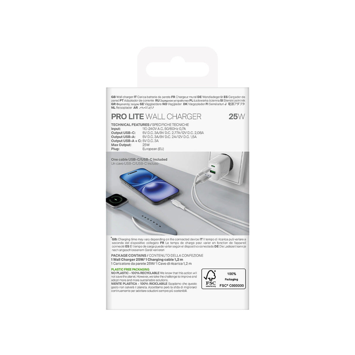 Puro PROLITE 25W USB-A / USB-C vægoplader + USB-C - USB-C kabel 1,2 m - hvid