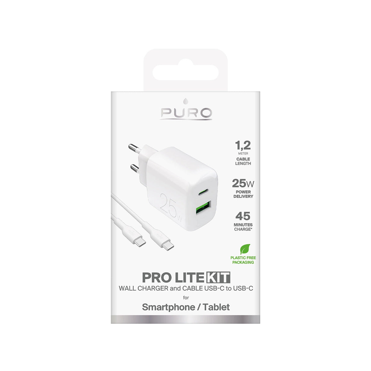 Puro PROLITE 25W USB-A / USB-C vægoplader + USB-C - USB-C kabel 1,2 m - hvid
