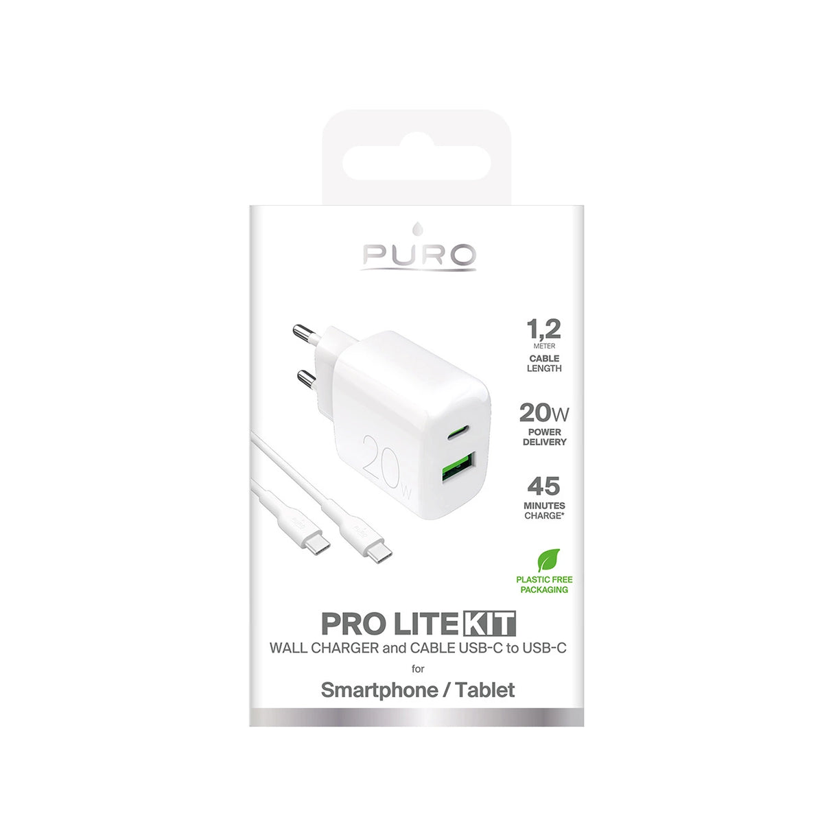 Puro PROLITE 20W USB-A / USB-C vægoplader + USB-C - USB-C kabel 1,2 m - hvid