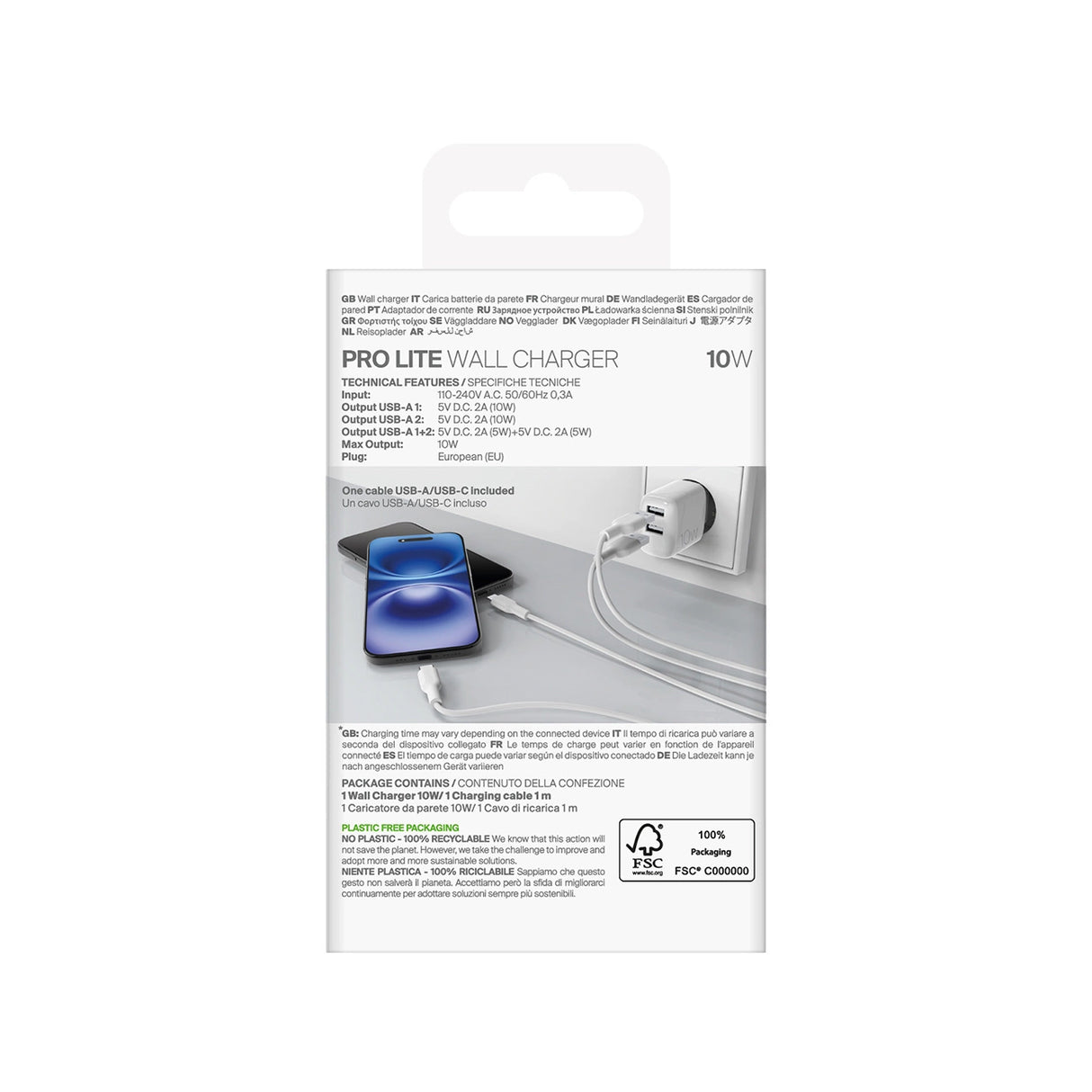 Puro PROLITE 10W 2x USB-A vægoplader + USB-A - USB-C kabel 1,2 m - hvid