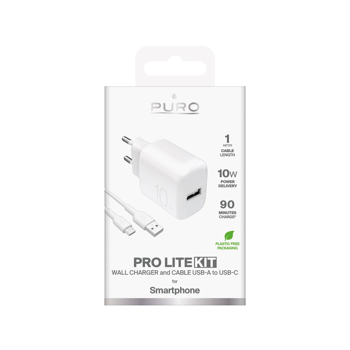Puro PROLITE 10W USB-A vægoplader + USB-A - USB-C kabel 1,2 m - hvid