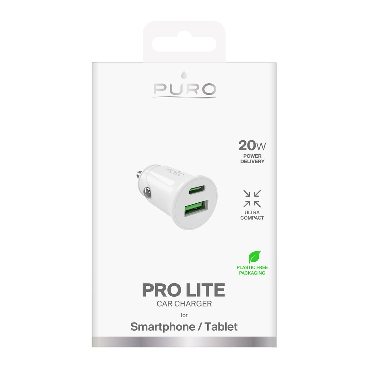 Puro Pro Lite Car Charger 1x USB-A + 1x USB-C Power Delivery 20W - Hvid