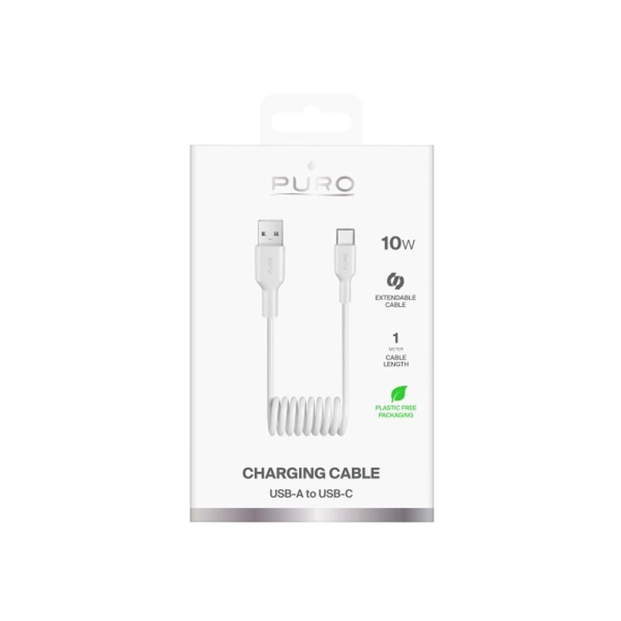 Puro 10W USB-A - USB-C Spiral Cable 1m - hvid