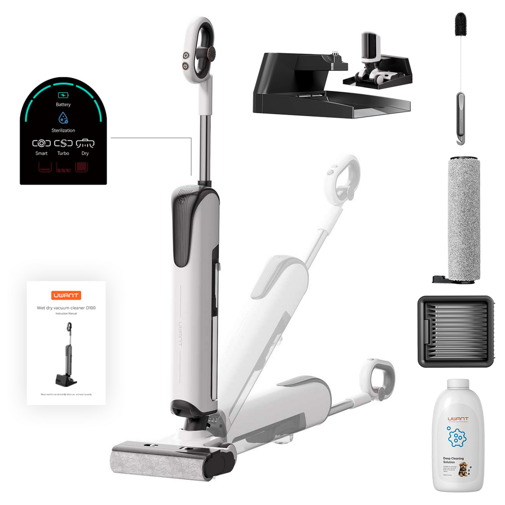 UWANT D100 17000Pa oprejst støvsuger med afvaskefunktion og ladestation - hvid