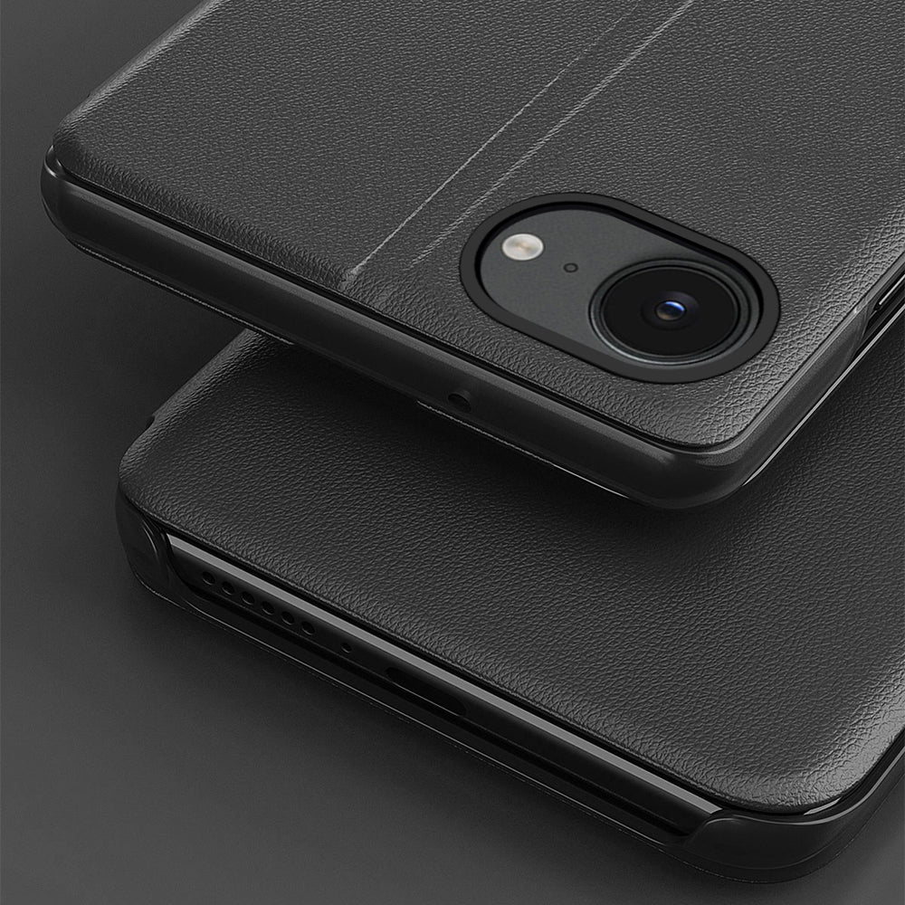 Eco Leather View Case, en elegant æske med flap og stativ til iPhone 16e / 17e - sort