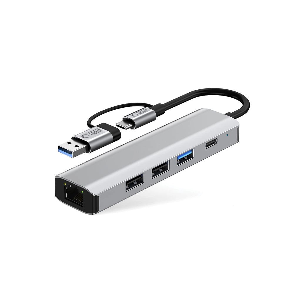 Tech-Protect HB03 HUB Adapter 5in1 USB-C + USB2.0 + USB3.0 + RJ45 - grå