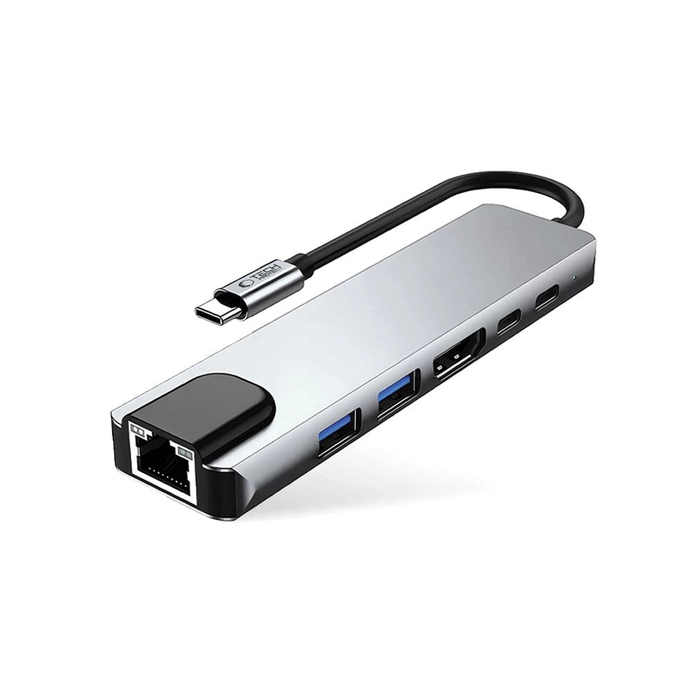 Tech-Protect HB02 HUB Adapter 6in1 USB-C + USB2.0 + USB3.0 + HDMI 4K 30Hz + RJ45 + PD100W - grå