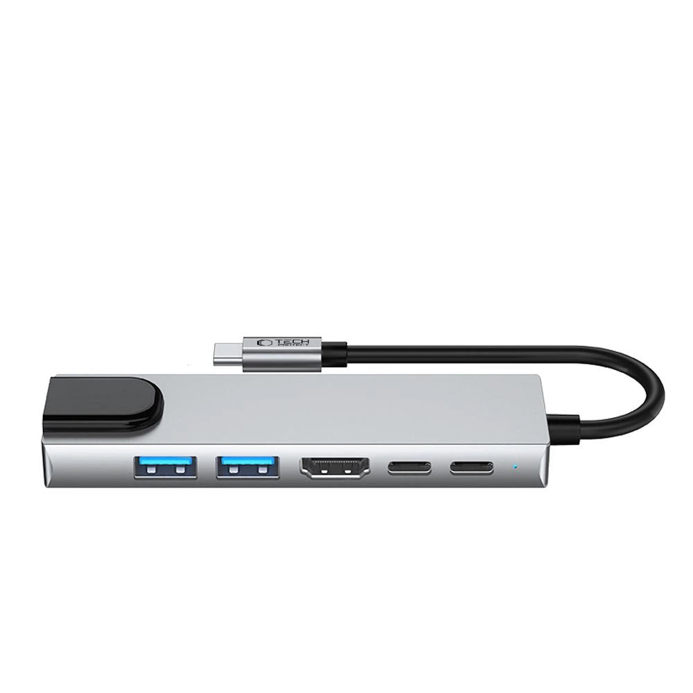 Tech-Protect HB02 HUB Adapter 6in1 USB-C + USB2.0 + USB3.0 + HDMI 4K 30Hz + RJ45 + PD100W - grå