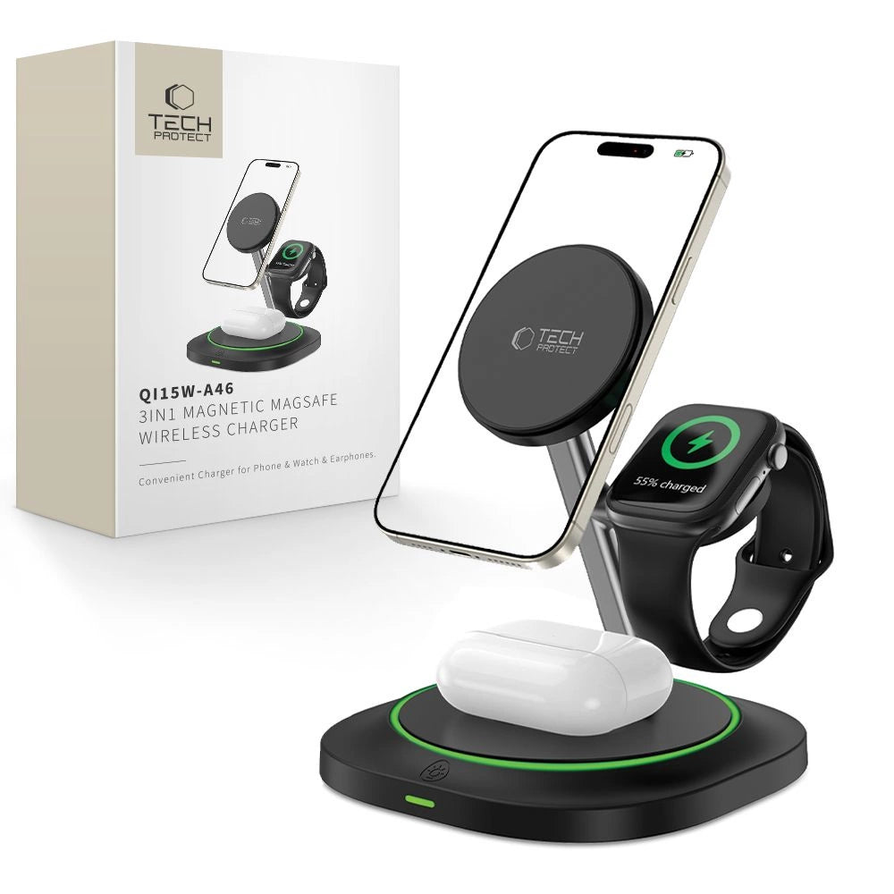 Tech-Protect QI15W-A46 3in1 Magnetisk MagSafe induktiv oplader - sort