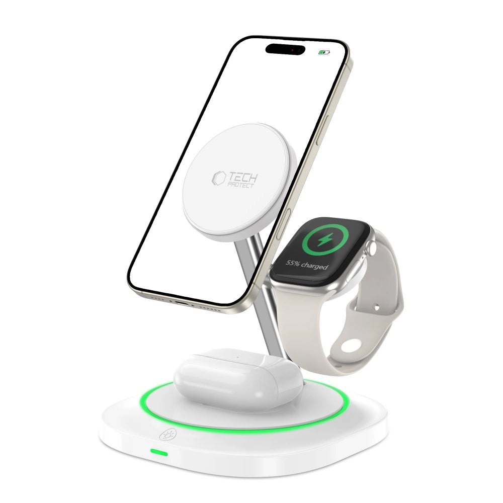 Tech-Protect QI15W-A46 3in1 Magnetisk MagSafe induktiv oplader - hvid