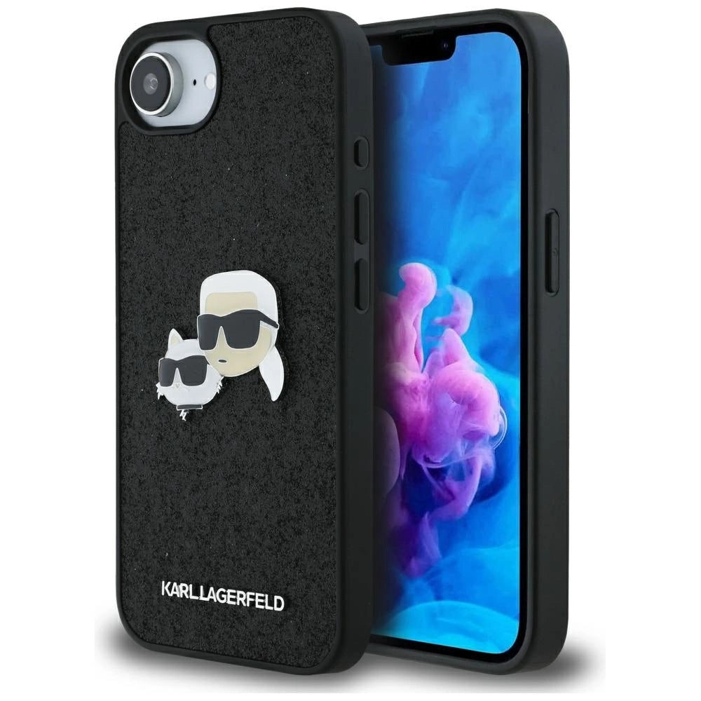 Karl Lagerfeld Fixed Glitter Karl&Choupette Heads Metal Pin iPhone 16e Case - Black