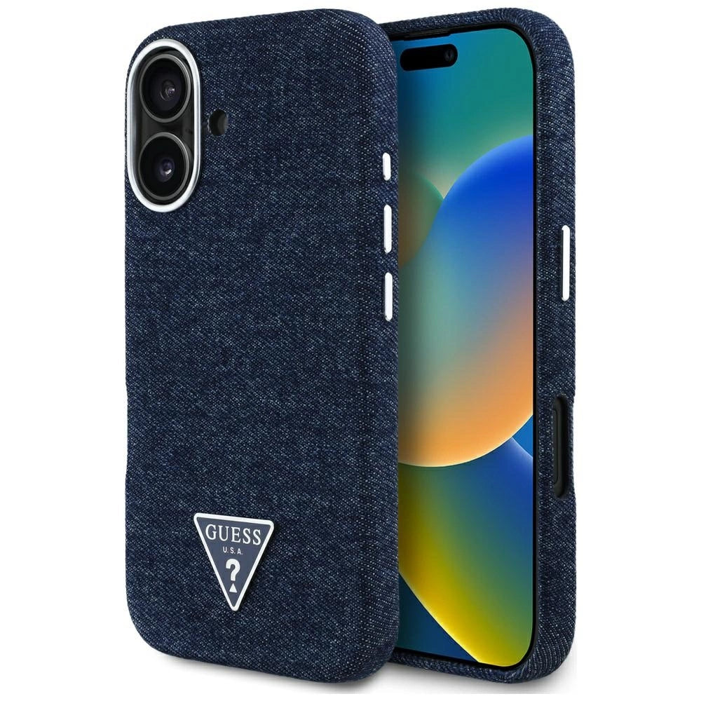 Guess Denim Triangle Logo MagSafe iPhone 16 Case - Blå