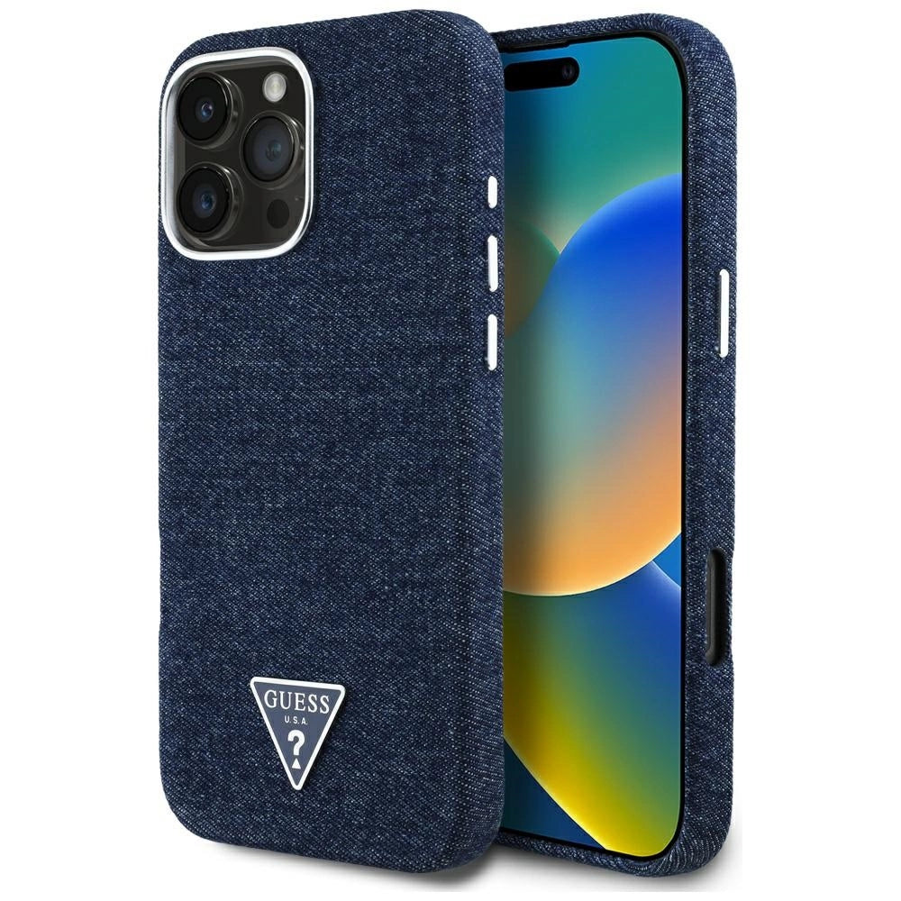 Guess Denim Triangle Logo MagSafe iPhone 16 Pro Case - Blå