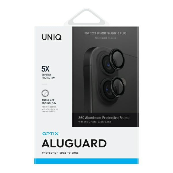 Uniq Optix Aluminium Camera Lens Protector iPhone 16 / 16 Plus med applikator - sort
