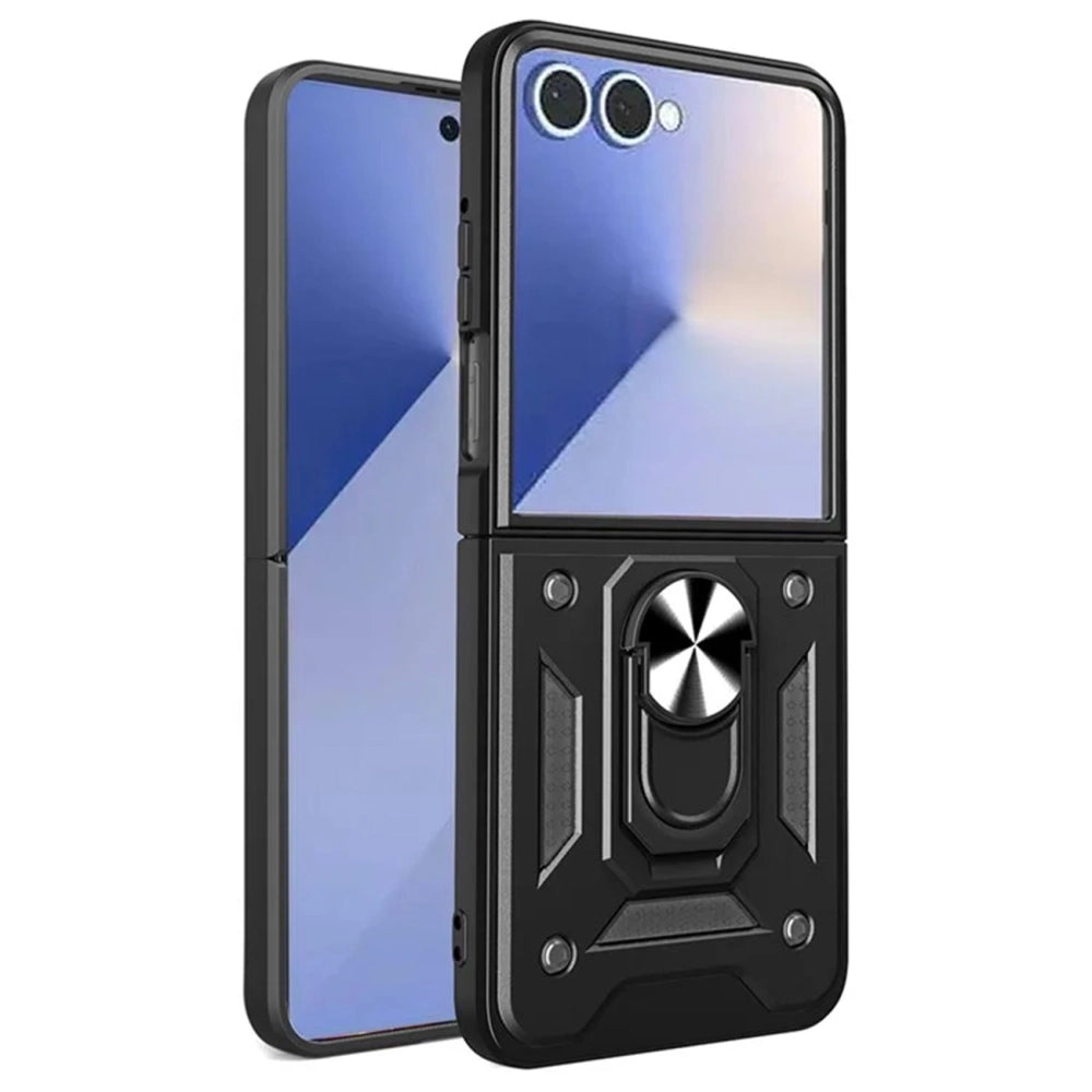 Hybrid Armor Camshield Armored Case med Stand og Camera Cover til Samsung Galaxy Z Flip 7 - sort