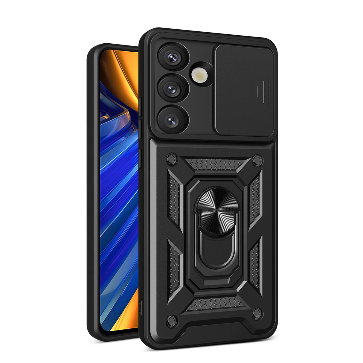 Hybrid Armor Camshield Case med Stand og Camera Cover til Samsung Galaxy M06 5G / F06 5G - sort