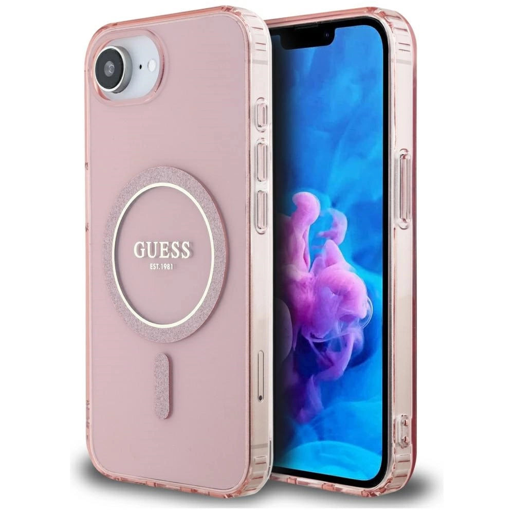 Guess IML Glitter Circle MagSafe-hylster til iPhone 16e - pink