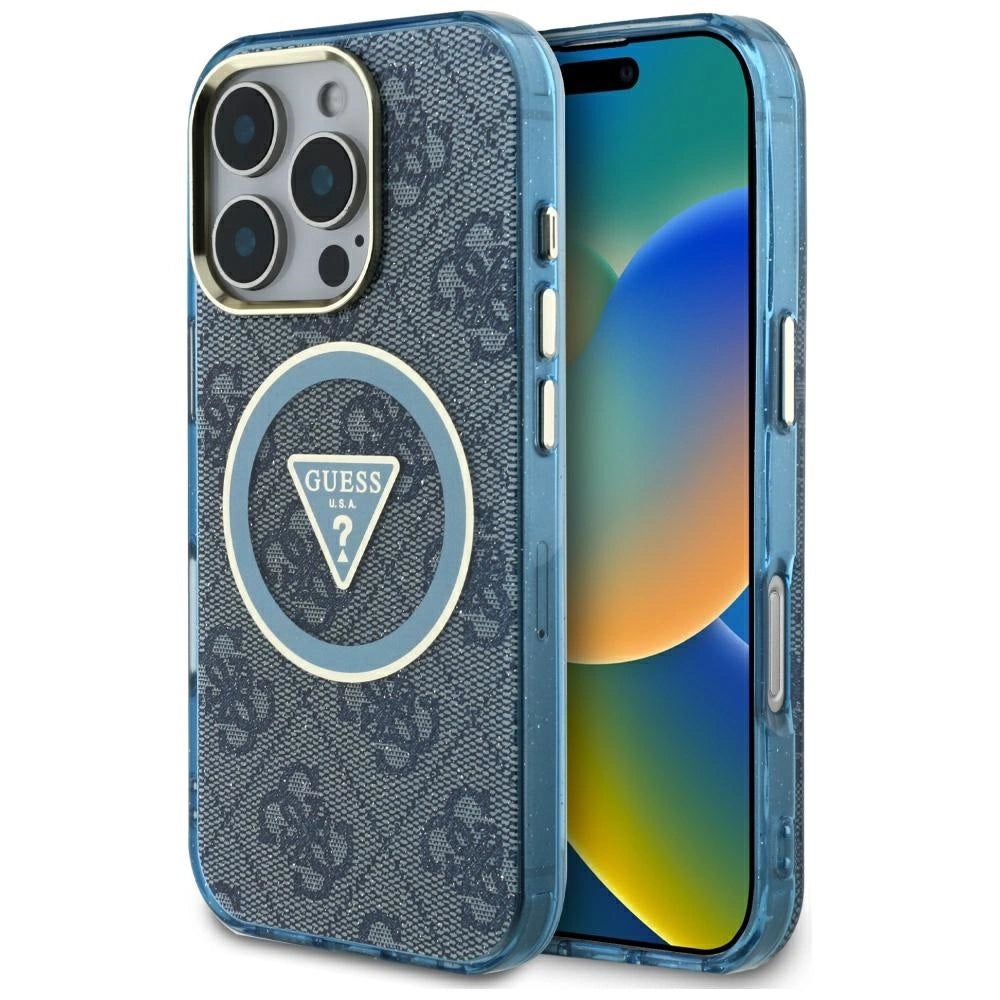 Guess IML Metal Glitter 4G Circle Triangle MagSafe Case til iPhone 16 Pro Max - Blå