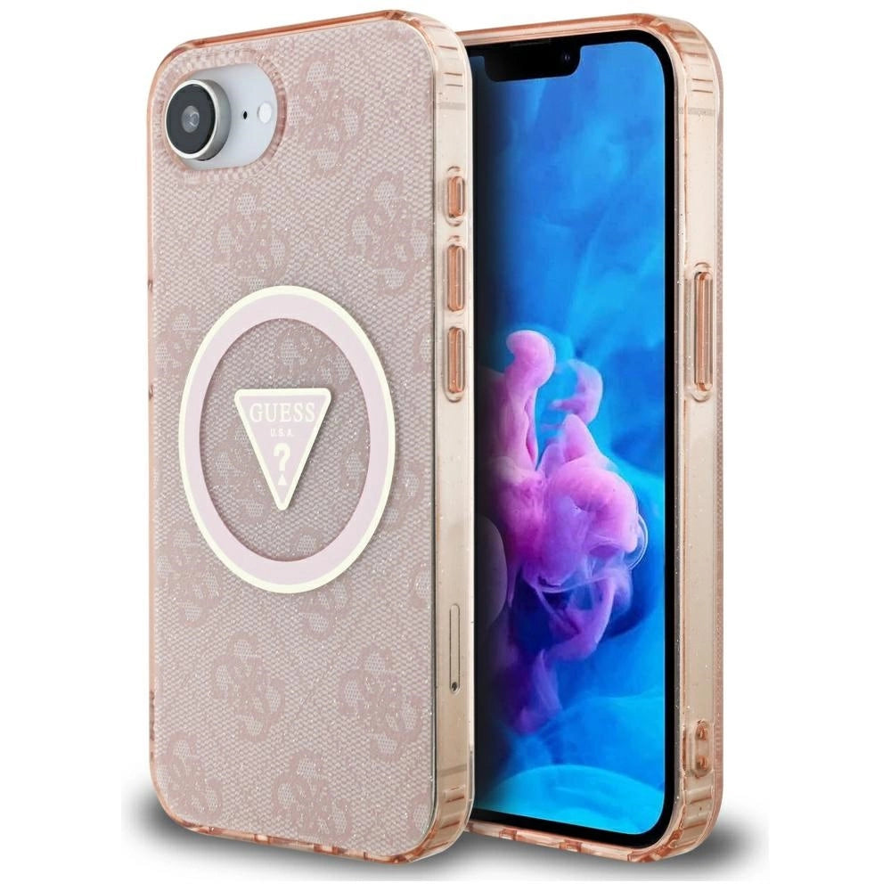 Guess IML Metal Glitter 4G Circle Triangle MagSafe-hylster til iPhone 16e - pink