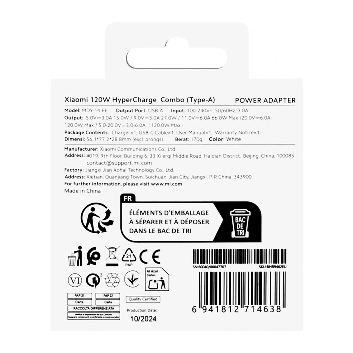 Xiaomi BHR9462EU 120W 6A USB-A Wall Charger med USB-C-kabel - hvid