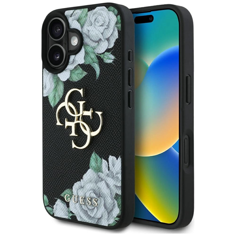 Guess Grained Roses Big 4G-logo-hylster til iPhone 16 - sort