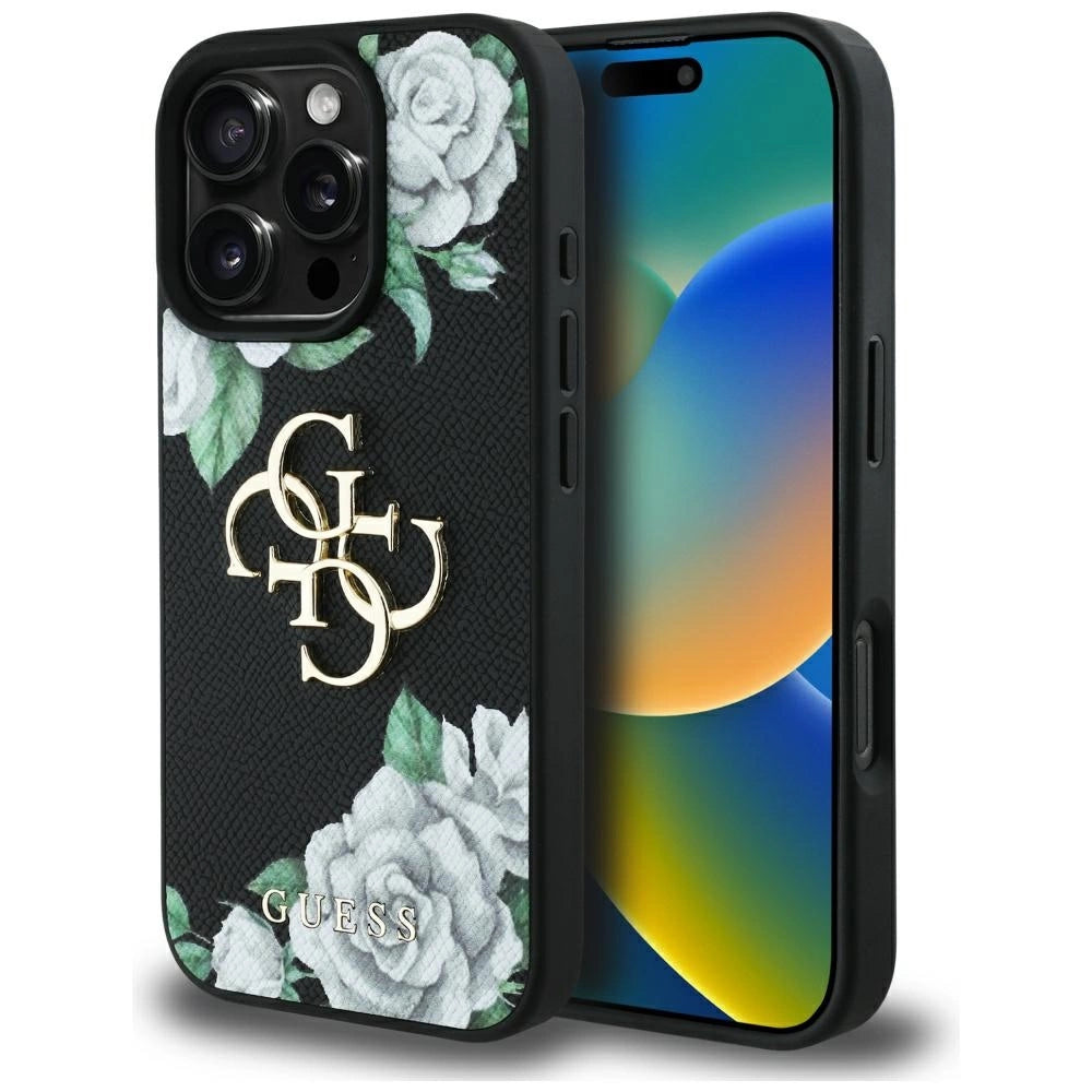 Guess Grained Roses Big 4G-logo-hylster til iPhone 16 Pro Max - sort