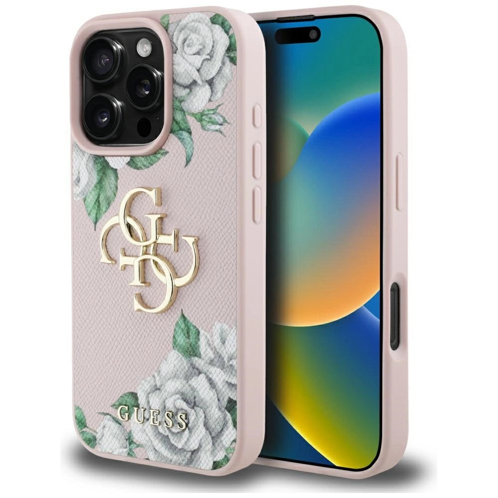 Guess Grained Roses Store 4G-logo iPhone 16 Pro-hylster - pink