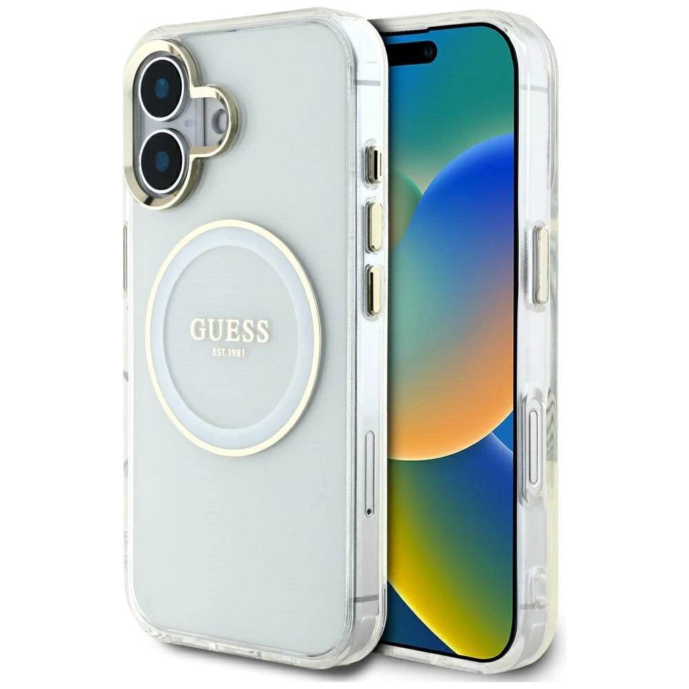 Guess IML Metal Colored Circle Classic Logo MagSafe-hylster til iPhone 16 - hvid