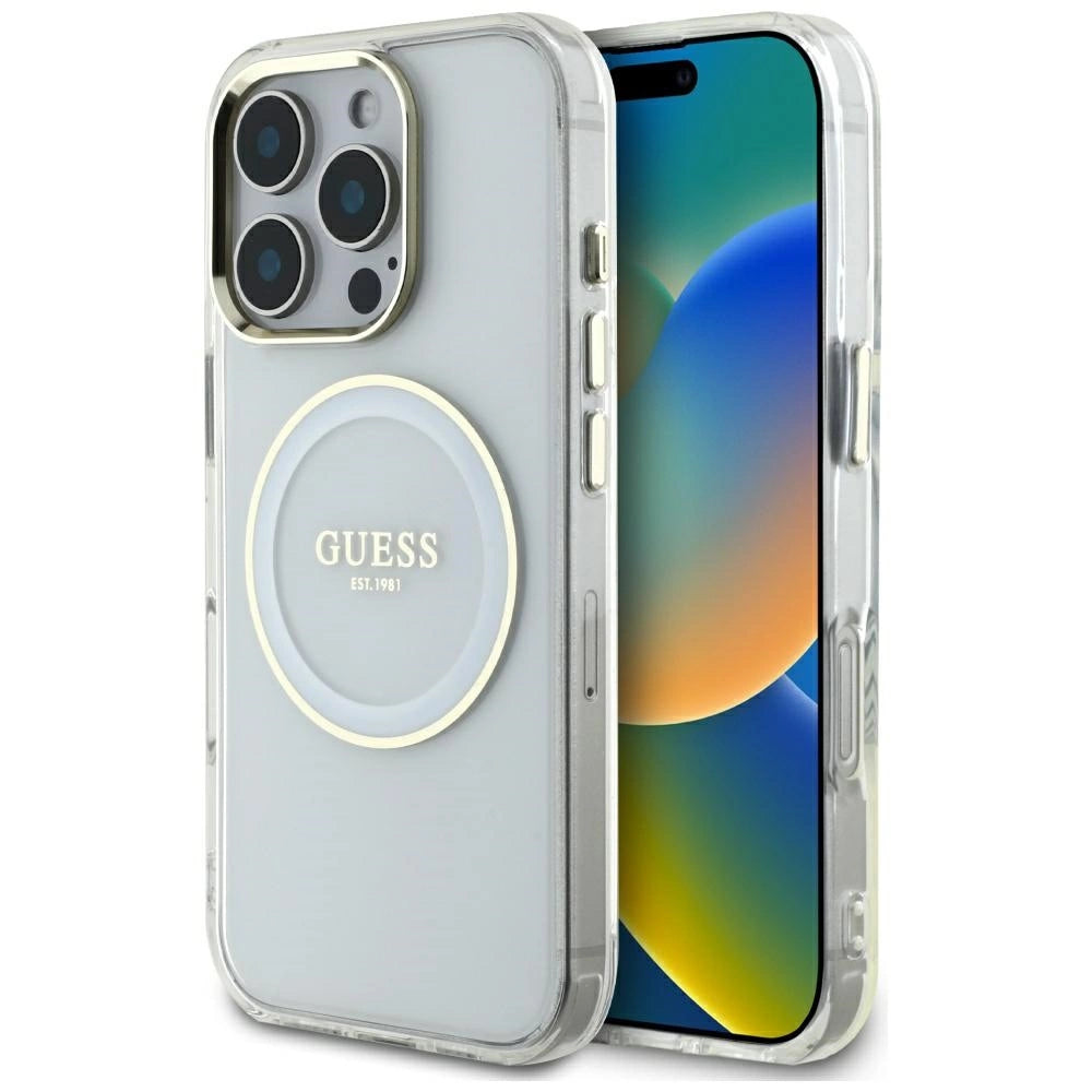 Guess IML Metal Colored Circle Classic Logo MagSafe-hylster til iPhone 16 Pro Max - hvid
