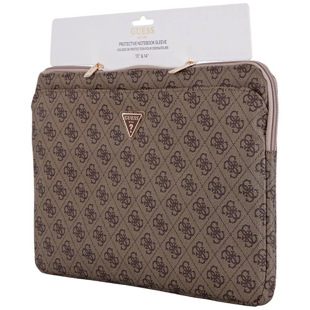 Guess Sleeve 4G Zipper Pocket Triangle Logo 14" Laptop Bag - Brown