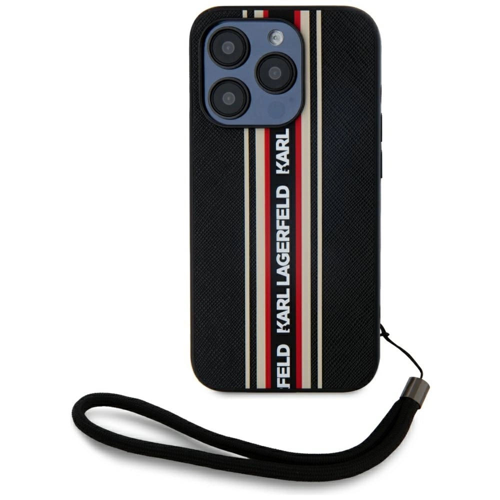 Karl Lagerfeld Saffiano Athleisure Stripes Cord iPhone 15 Pro Case - Red
