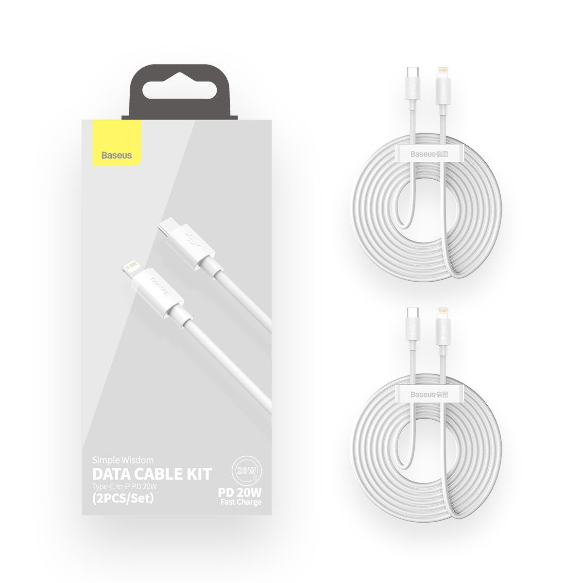 Baseus Simple Wisdom Data Cable Kit USB-C til Lightning PD 20W (2PCS/Set) 1,5m Hvid