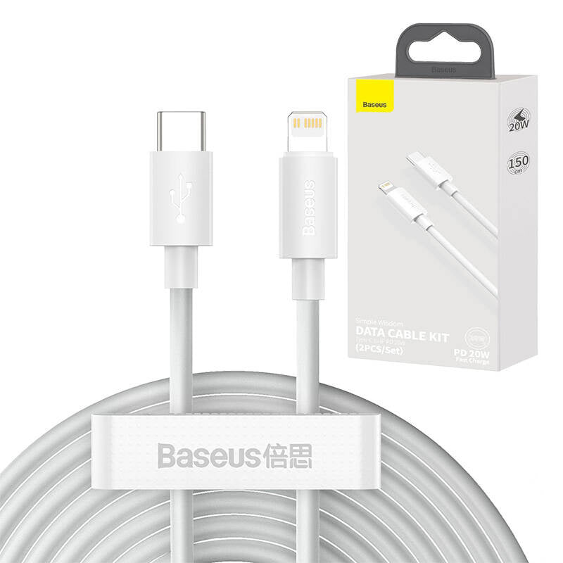 Baseus Simple Wisdom Data Cable Kit USB-C til Lightning PD 20W (2PCS/Set) 1,5m Hvid
