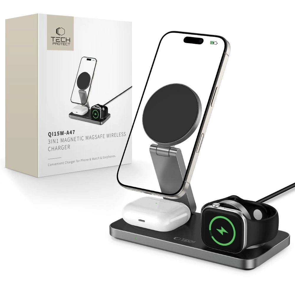 Tech-Protect QI15W-A47 MagSafe 3in1 induktiv oplader + USB-C kabel - sort