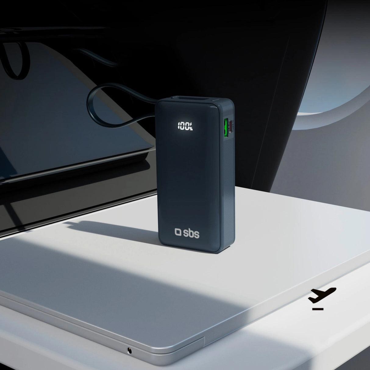 Powerbank SBS 10000 mAh 20W med indbygget USB-C-kabel og digital skærm - mørkegrå