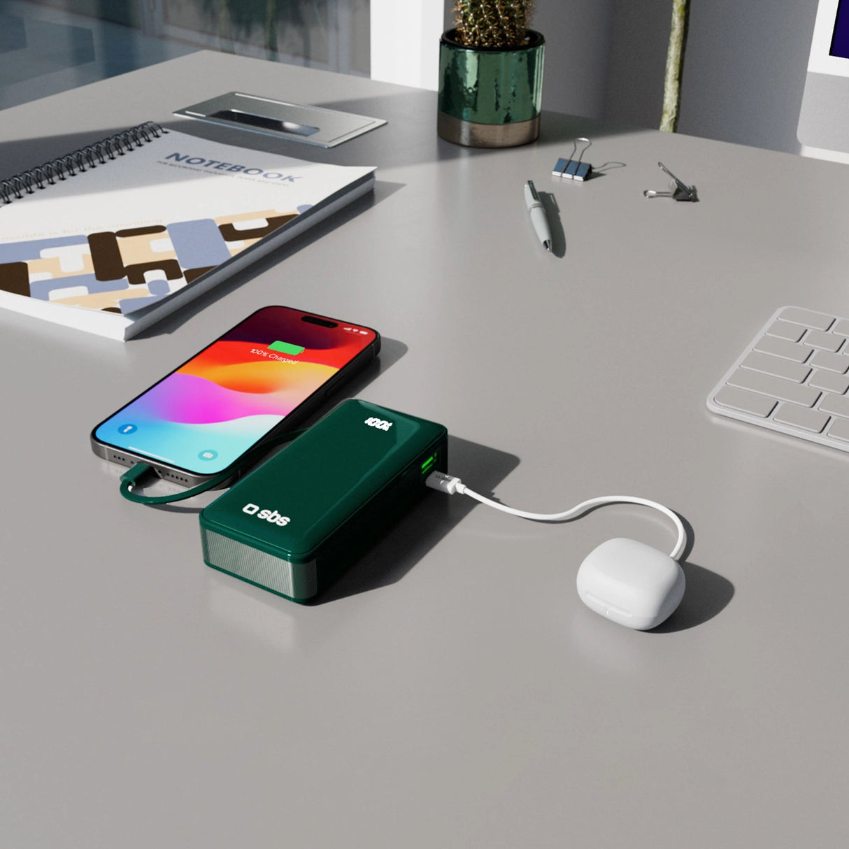 Powerbank SBS 10000 mAh 20W med indbygget USB-C-kabel og digital skærm - grøn