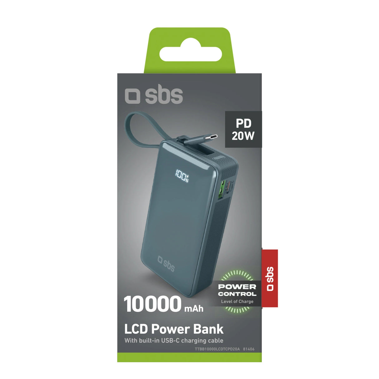 Powerbank SBS 10000 mAh 20W med indbygget USB-C-kabel og digital skærm - grå