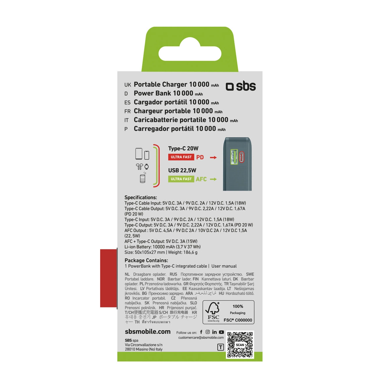 Powerbank SBS 10000 mAh 20W med indbygget USB-C-kabel og digital skærm - grå