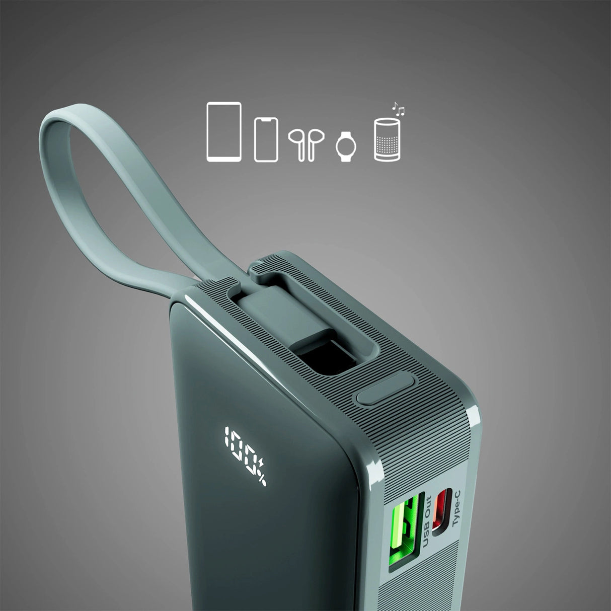 Powerbank SBS 10000 mAh 20W med indbygget USB-C-kabel og digital skærm - grå