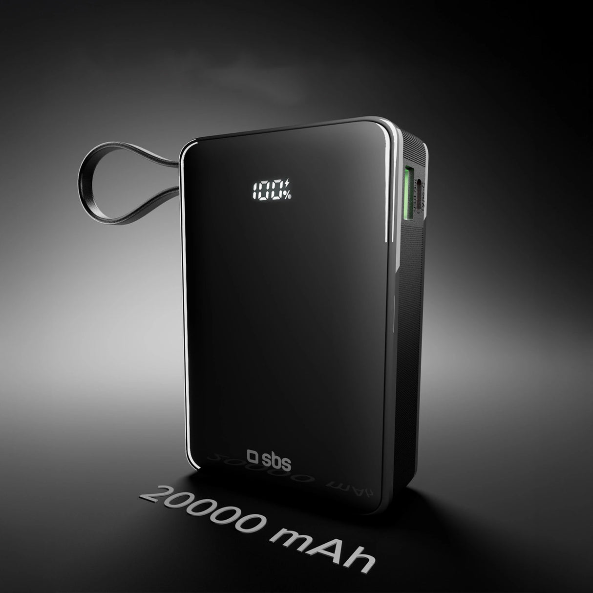 Powerbank SBS 20000 mAh 20W med indbygget USB-C-kabel og digital skærm - sort