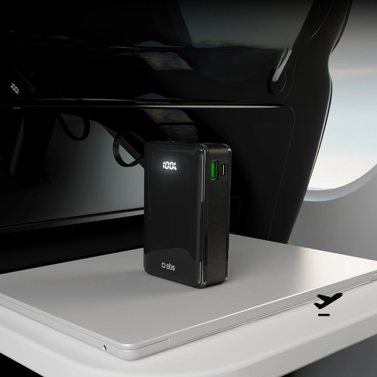 Powerbank SBS 20000 mAh 20W med indbygget USB-C-kabel og digital skærm - sort