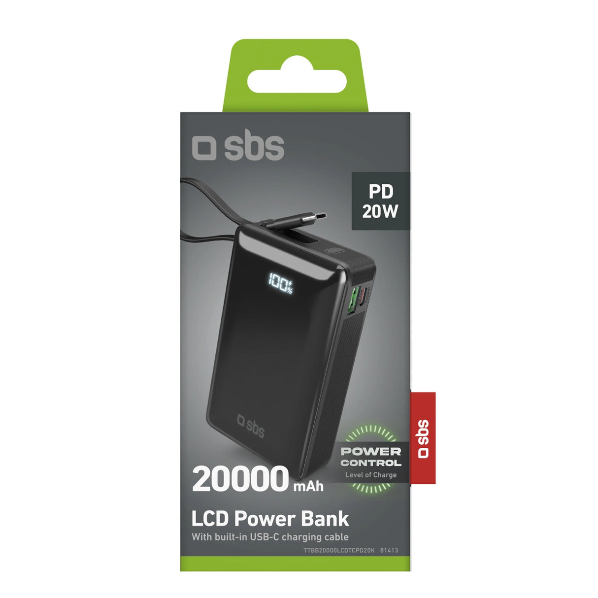 Powerbank SBS 20000 mAh 20W med indbygget USB-C-kabel og digital skærm - sort