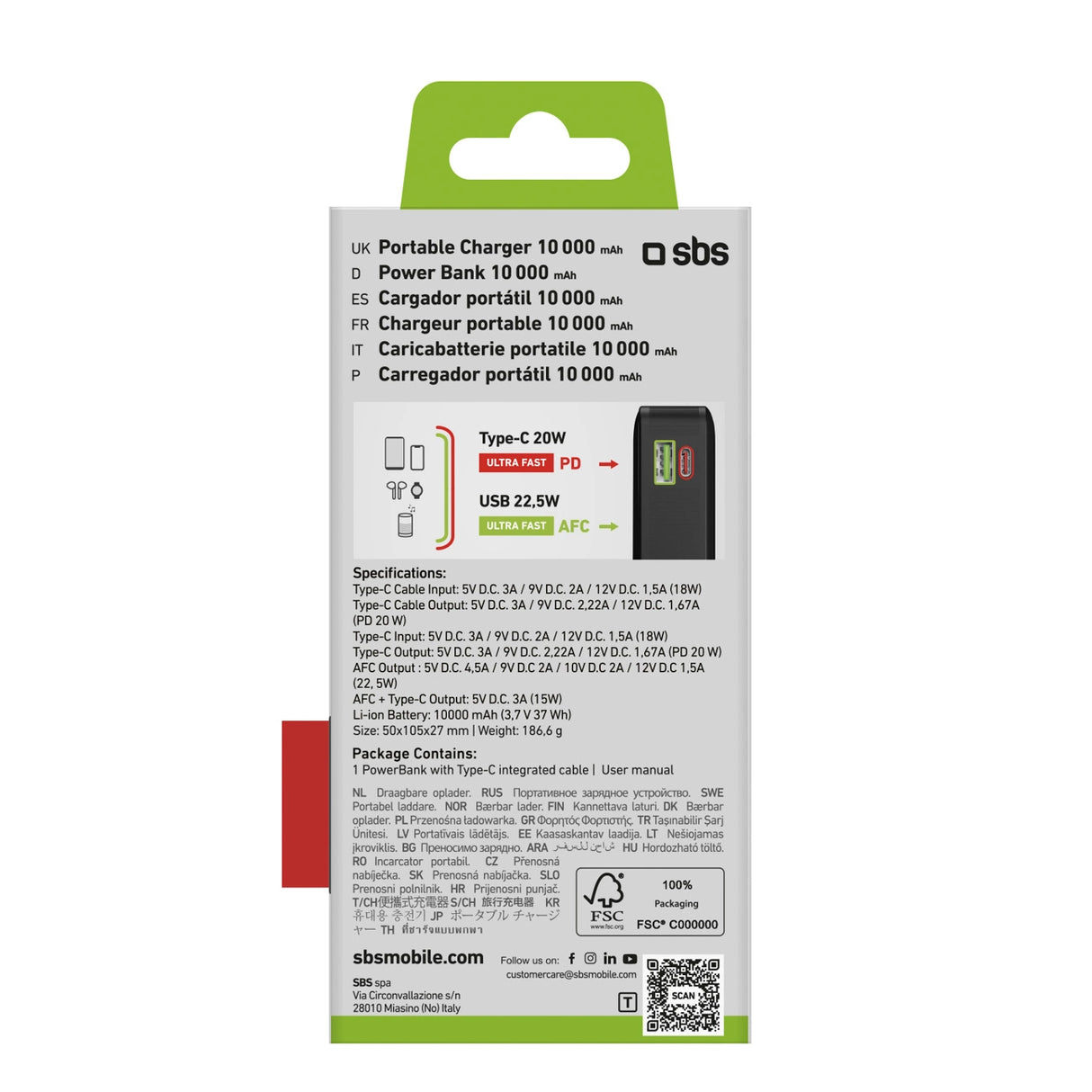 Powerbank SBS 20000 mAh 20W med indbygget USB-C-kabel og digital skærm - sort