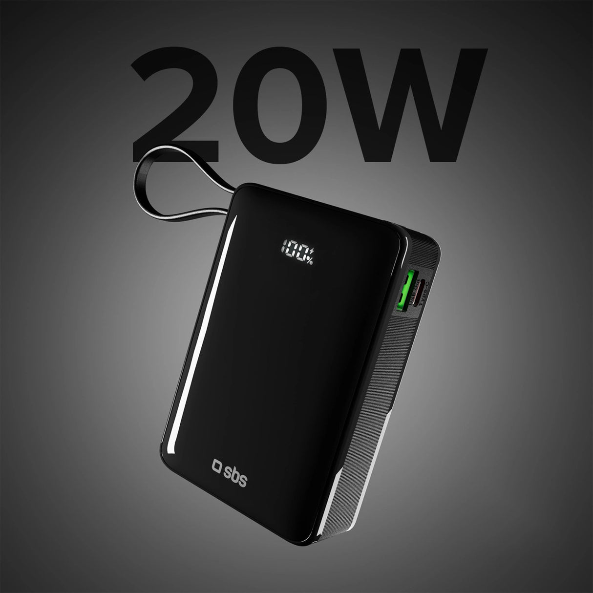 Powerbank SBS 20000 mAh 20W med indbygget USB-C-kabel og digital skærm - sort