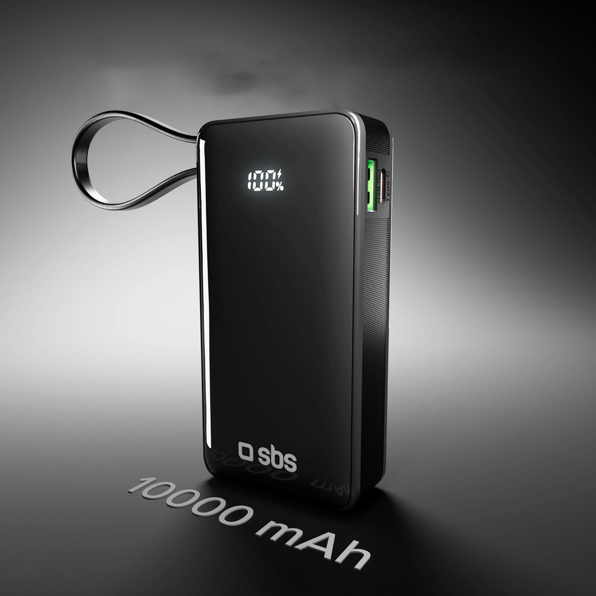 Powerbank SBS 10000 mAh 20W med indbygget USB-C-kabel og digital skærm - sort